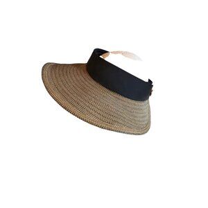 Eric Javits Black & Natural Straw Visor Sun Hat Adjustable Band Womens